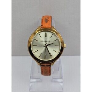 Michael Kors MK2275 Slim Runway Gold Tone Orange Leather Watch New Battery Women